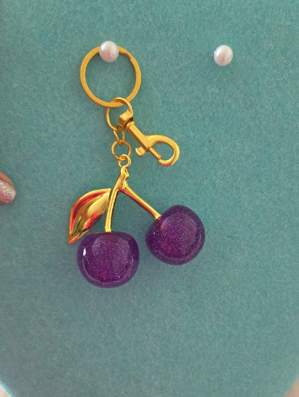 Gold Keychain with Sparkling Purple Cherries